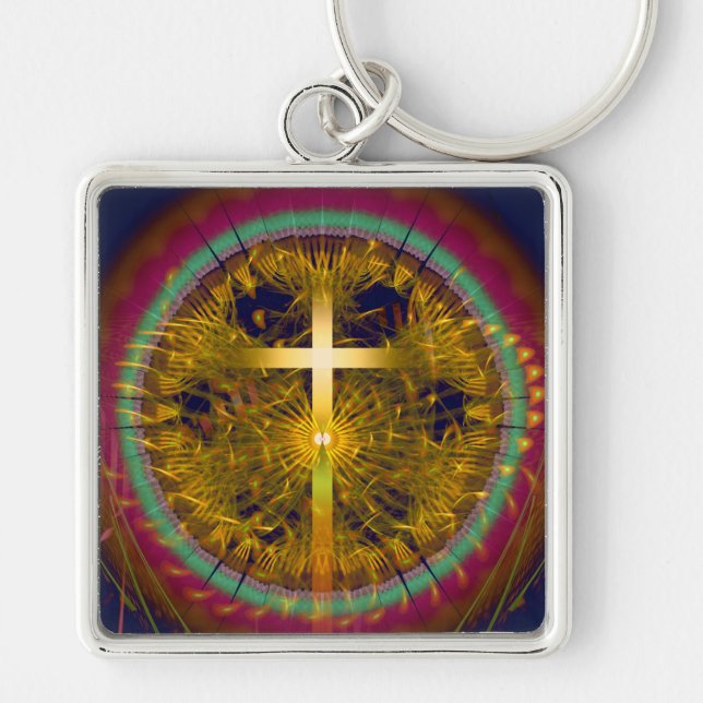 Porte-clés Composition ronde d'art fractal croisé (Devant)
