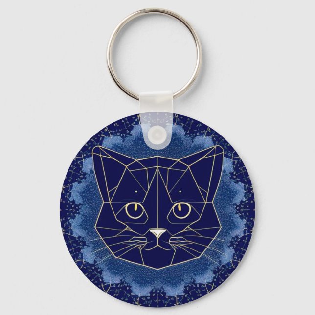 Porte-clés Conception de chat géométrique entourée d'étoiles  (Recto)