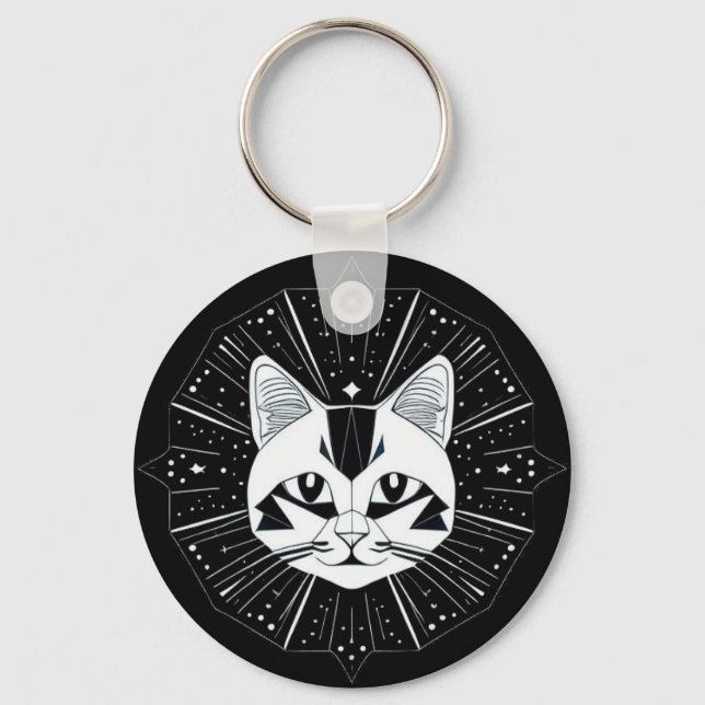 Porte-clés Conception de chat géométrique entourée d'étoiles  (Recto)