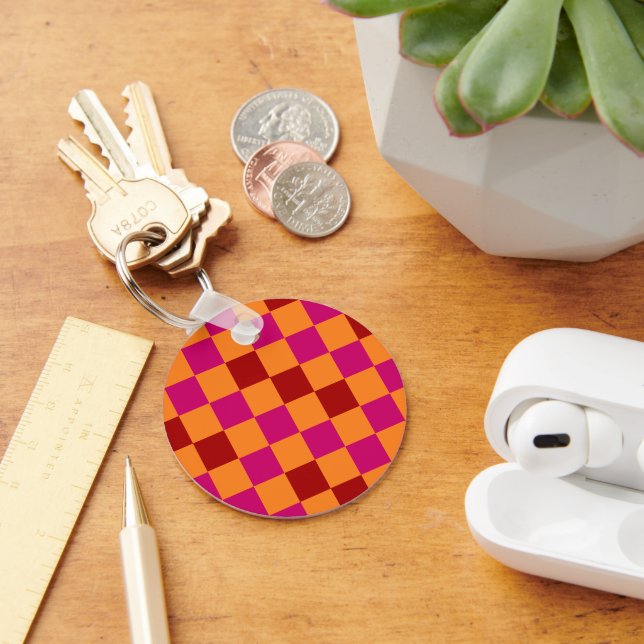 Porte-clés Conception de motif à carreaux rouge orange rose  (Bureau)