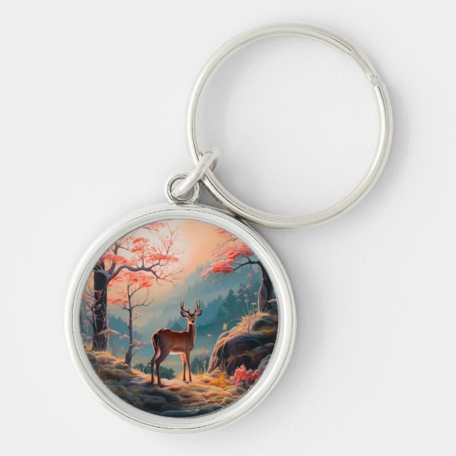 Porte-clés Conception de scène forestière avec cerfs automnal (Devant)