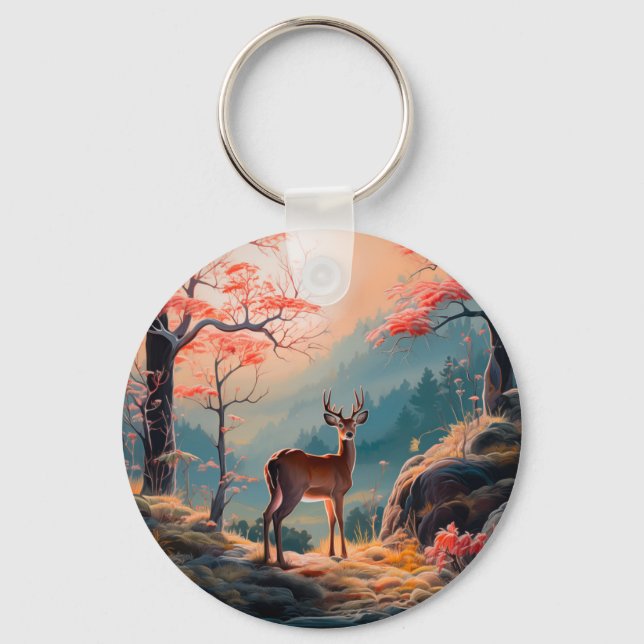 Porte-clés Conception de scène forestière enchantée de cerfs  (Recto)