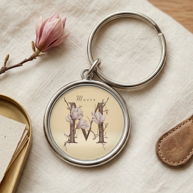 Porte-clés Conception florale de magnolia initiale élégante M (Créateur téléchargé)
