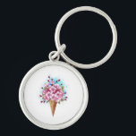Porte-clés Cône rose Sakura crème glacée gaufre<br><div class="desc">Cône gaufre douce avec fleurs de cerisier japonais rose frais sur arrière - plan blanc avec stries d'aquarelle bleue. Cerise japonaise rose.</div>