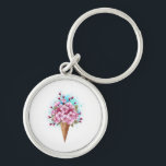 Porte-clés Cône rose Sakura crème glacée gaufre<br><div class="desc">Cône gaufre douce avec fleurs de cerisier japonais rose frais sur arrière - plan blanc avec stries d'aquarelle bleue. Cerise japonaise rose.</div>