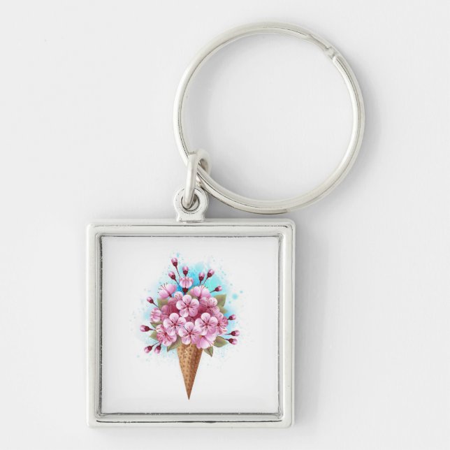 Porte-clés Cône rose Sakura crème glacée gaufre (Devant)
