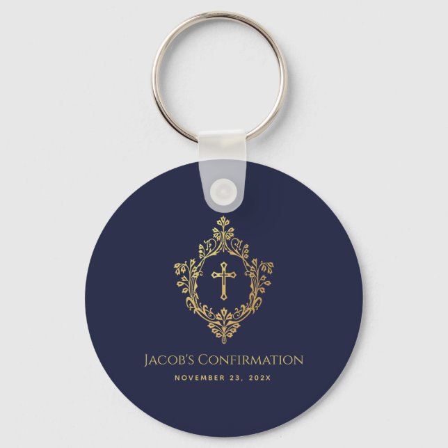 Porte-clés Confirmation de garçon Faveur Marine Blue Faux Gol (Recto)