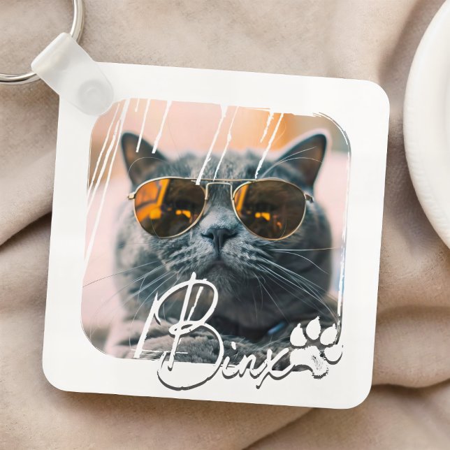 Porte-clés Cool moderne de chat Grunge Nom et photo (Créateur téléchargé)