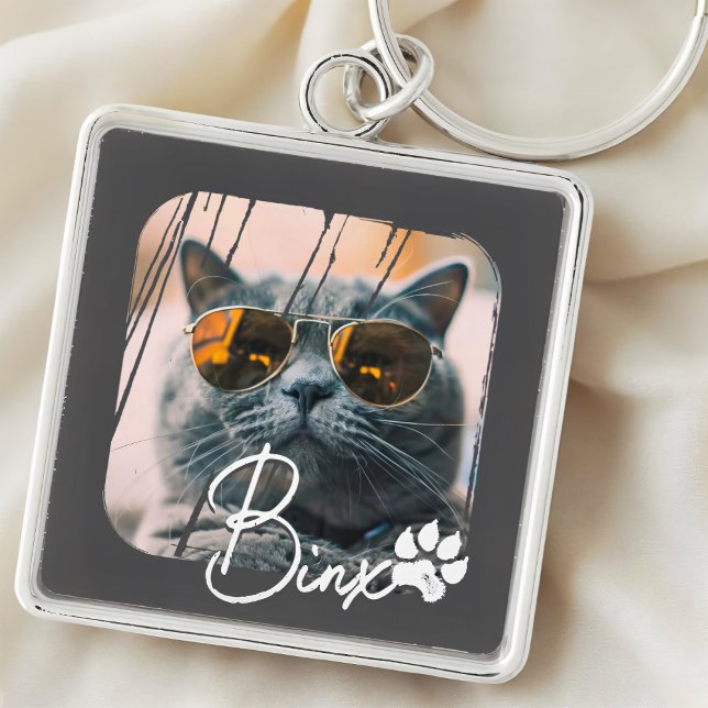 Porte-clés Cool moderne de chat Grunge Nom et photo (Créateur téléchargé)