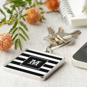 Porte-clés Cool Moderne Monogramme Chic noir & blanc rayé