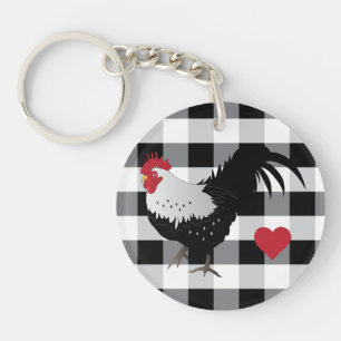 Porte-clés Coq à carreaux noir et blanc