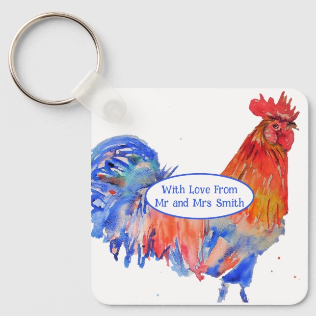 Porte-clés Coq Rouge Poulet Bleu Aquarelle Mariage (Recto)