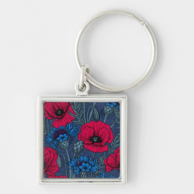 Porte-clés Coquelicots rouges et fleurs bleues sur bleu (Devant)