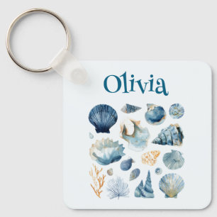 Porte-clés Coquillage Bleu Nom personnalisé