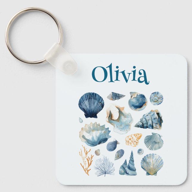Porte-clés Coquillage Bleu | Nom personnalisé (Recto)