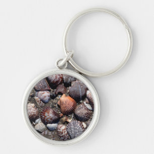 Porte-clés Coquillages colorés crantés sur un sable noir