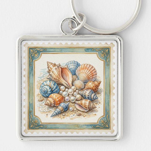 PORTE-CLÉS COQUILLES TROPICALES BLANC BLEU ORANGE (Devant)