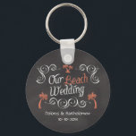 Porte-clés Coral Chalkboard Script Plage Mariage<br><div class="desc">Pêche de corail frais et texte de tableau noir blanc avec un arrière - plan gris ardoise. Célébrez une cérémonie au bord de la mer avec ce palmier cool et un look craie blanc dessiné. Jolie atmosphère rustique vintage lors d'un mariage sur la plage. Copyright de conception © CustomInvitesOnline.com</div>