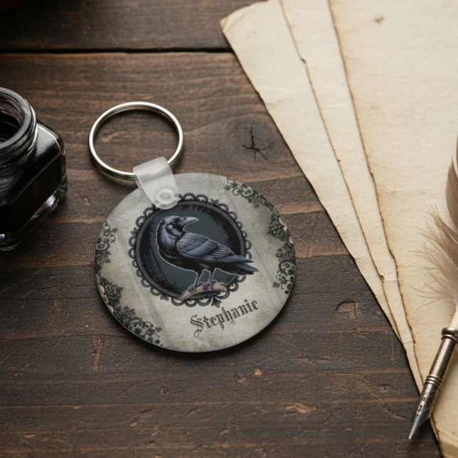 Porte-clés Corbeau gothique avec nom (Gothic Raven personalized keychain)