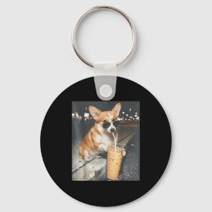 Porte-clés Corgi buvant un café glacé mème animal drôle corgi