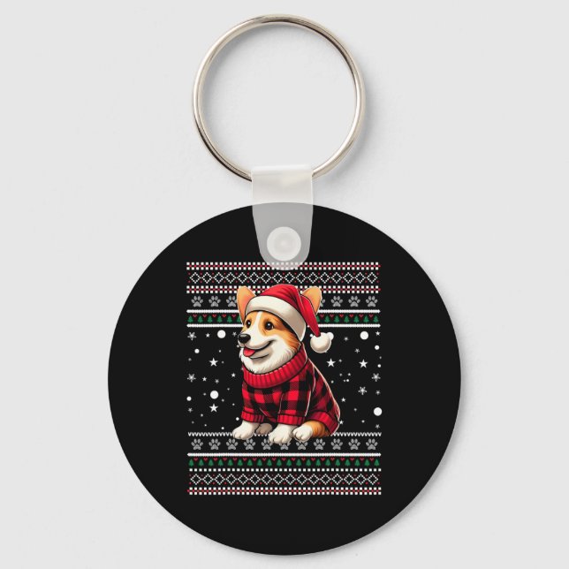 Porte-clés Corgi Ugly Funny Santa Hat Buffalo Plaid Noël (Recto)