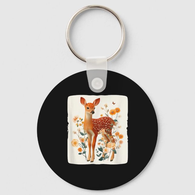 Porte-clés Costume graphique avec fleurs de printemps et faon (Recto)