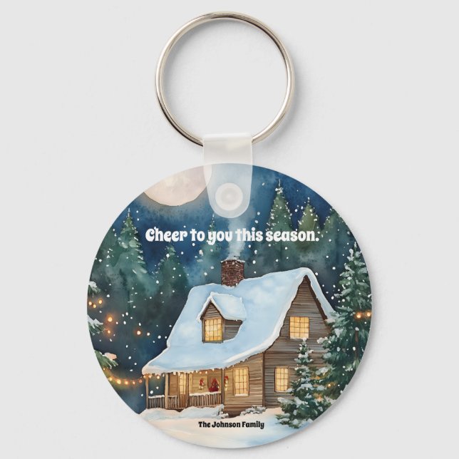 Porte-clés Cosy chalet de Noël couvert de neige (Recto)