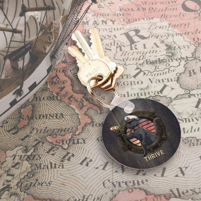 Porte-clés Coucher de soleil de chat noir : un voyage vers la (Black Cat Sunset: A Voyage to THRIVE Round Keychain)
