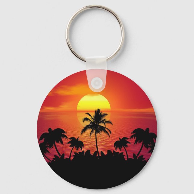 Porte-clés Coucher de soleil tropical Palmiers Silhouette Pla (Recto)