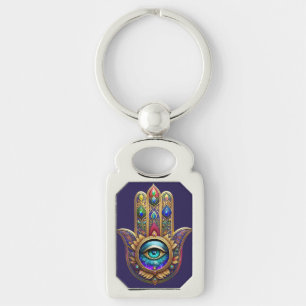 Porte-clés Couleurs de Paon Doré Hamsa Saphir Vert Troisième