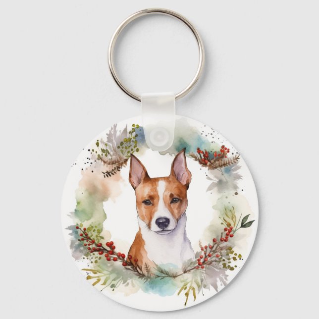 Porte-clés Coupe de fête de la couronne de Noël Basenji (Recto)