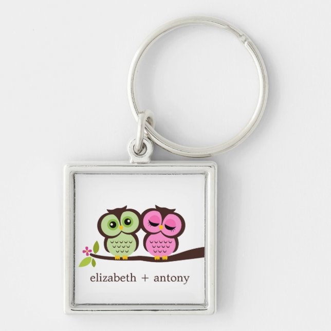 Porte-clés Couple de hiboux rose et vert (Devant)