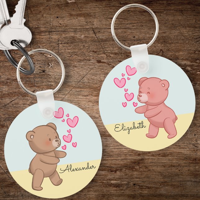 Porte-clés Couple de l'ours dans Love Bleu Personnalisé (Bear couple keychain)