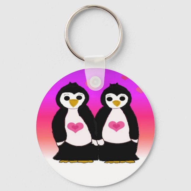 Porte-clés Couple de manchots avec des cœurs (Recto)