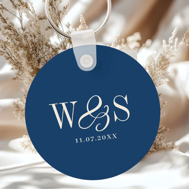 Porte-clés Couples de mariage initial bleu marine élégant (Créateur téléchargé)