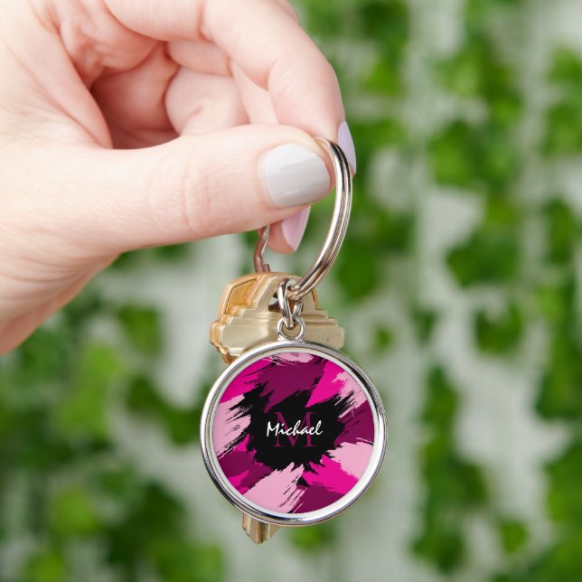 Porte-clés Coups de pinceau nuances de rose chaud nom avec mo (main)