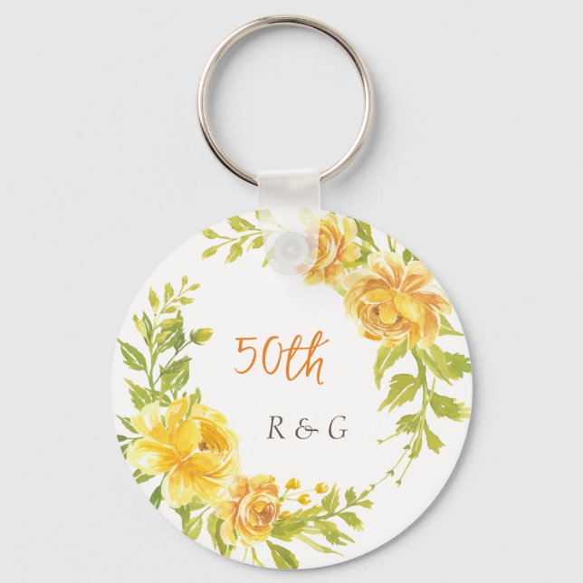 Porte-clés Couronne de fleurs jaunes 50e Mariage Monogramme (Recto)