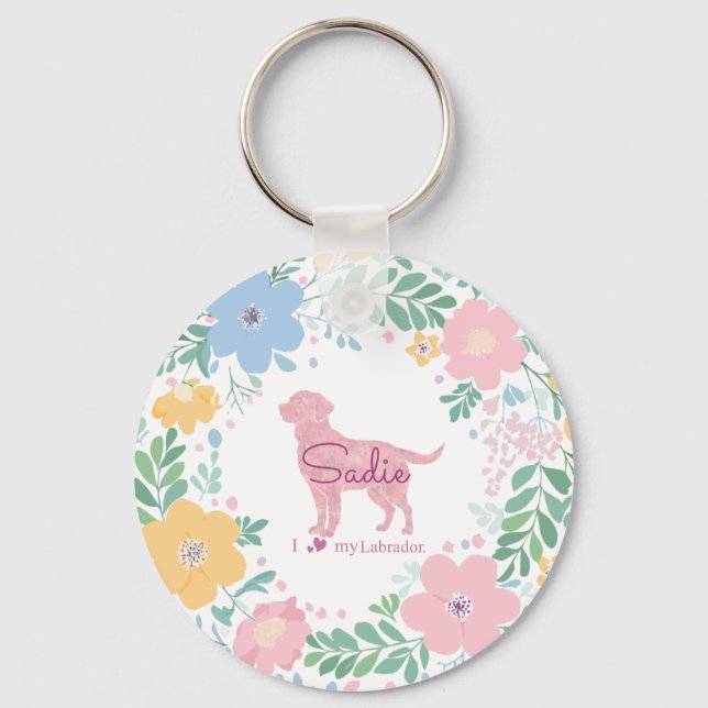 Porte-clés Couronne de fleurs rose pastel Labrador Retriever  (Recto)