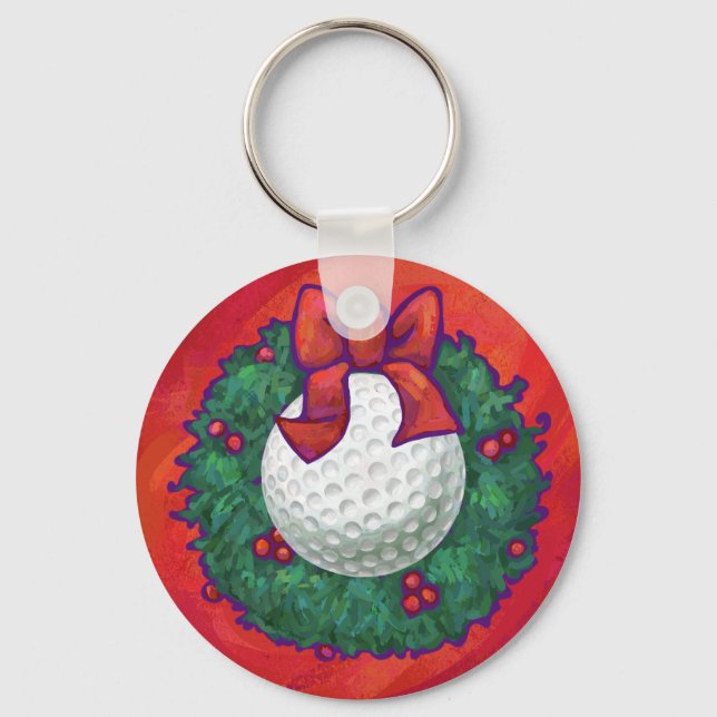 Porte-clés Couronne de Noël aux balles de golf sur fond rouge (Recto)