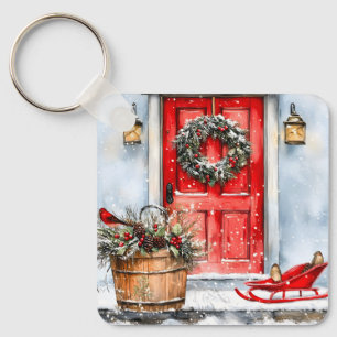Porte-clés Couronne de Noël rouge rustique vintage pour porte