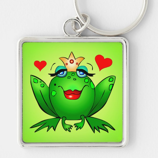 Porte-clés Couronne de princesse grenouille et cœurs verts (Devant)