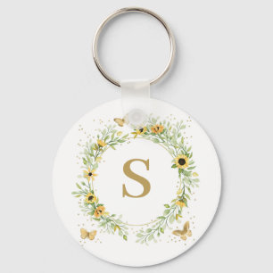 Porte-clés Couronne de tournesols avec monogramme de papillon