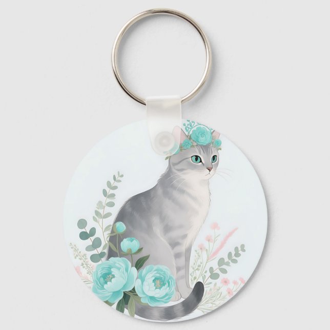 Porte-clés Couronne Florale Chat Gris (Recto)