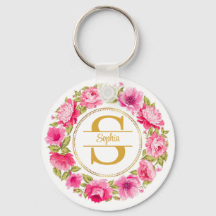 Porte-clés Couronne florale de pivoine rose à l'aquarelle Mon