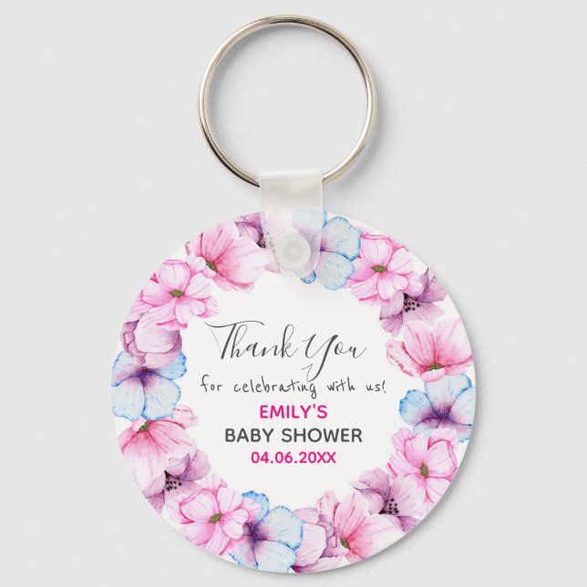 Porte-clés Couronne florale rose Merci Baby Shower (Recto)