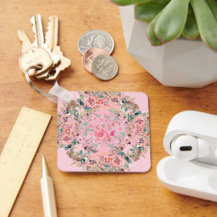 Porte-clés Couronne florale rose, romance botanique douce