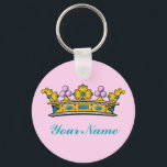 Porte-clés Couronne princière personnalisée en rose<br><div class="desc">Couronne princesse ornée avec des accents de bijoux en pierres précieuses de couleur rose et turquoise. Texte personnalisable de couleur turquoise correspondant.</div>