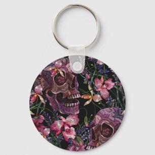 Porte-clés Crâne brodé : Motif gothique de l'orchidée