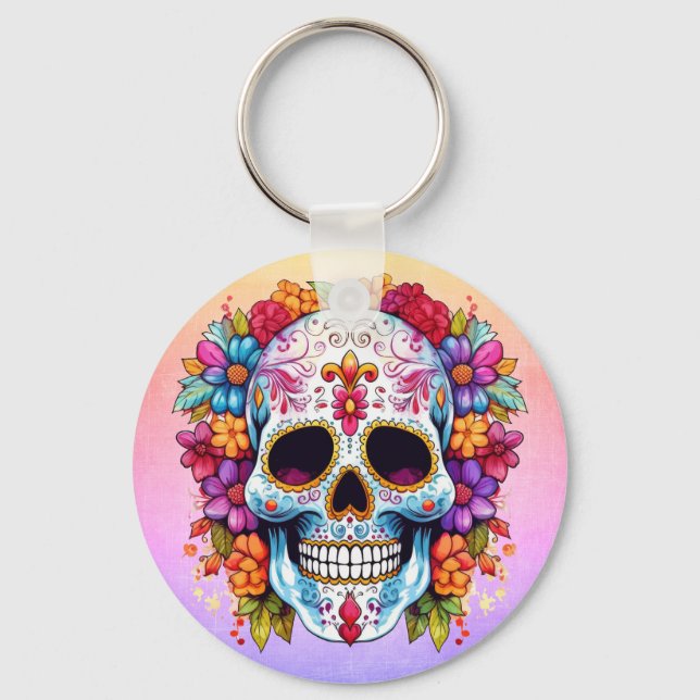 Porte-clés Crâne de sucre floral pastel (Recto)