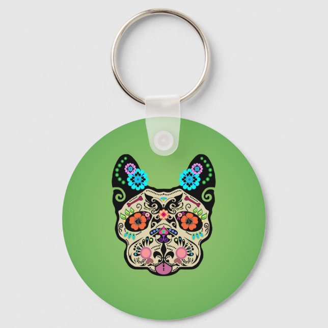Porte-clés Crâne de sucre Frenchie - Vert (Recto)
